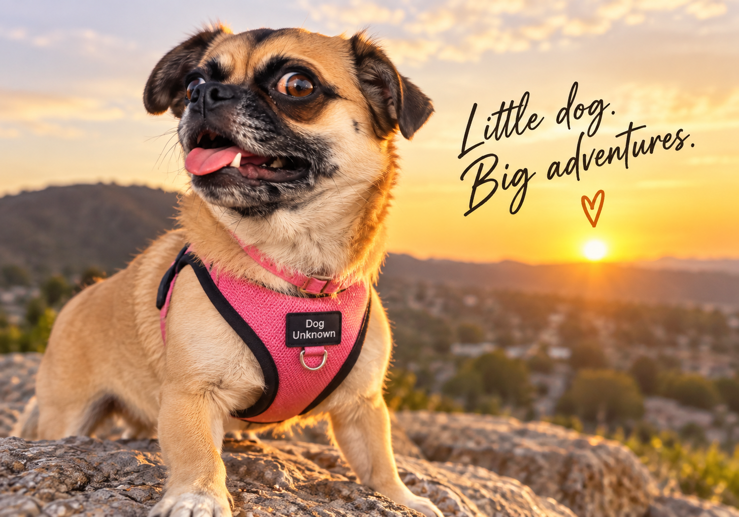 Dog Unknown on a sunset adventure with the words Little dog. Big adventures.